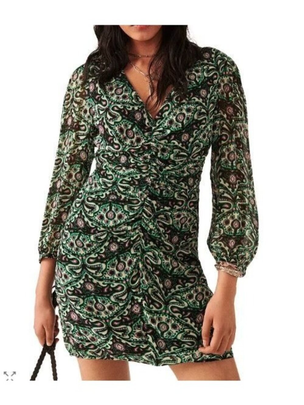 ba&sh Fanny Paisley Ruched Mini Dress Green Print V Neck Small NWT Boho Paris